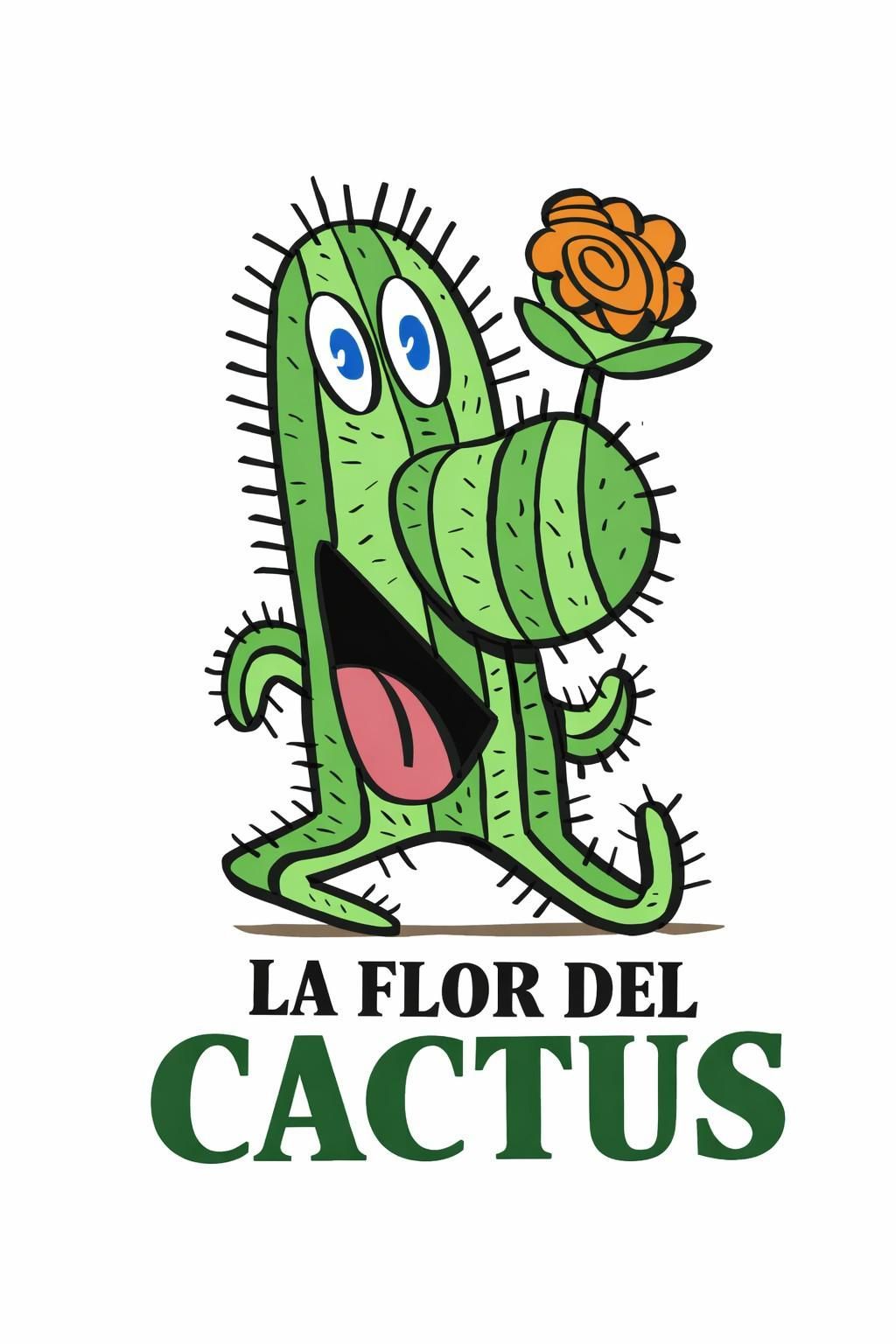 Mascota de cactus verde de dibujos animados con flor naranja y texto “LA FLOR DEL CACTUS”
