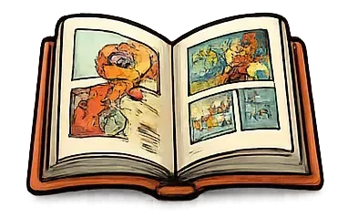 Libro abierto con páginas ilustradas a color, que muestra una gran figura naranja y una imagen compuesta por cuatro paneles.