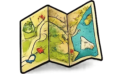 Mapa plegado ilustrado que muestra un sendero, flores y una zona de agua azul con un velero.