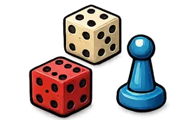 Dado rojo, dado color crema y ficha de juego azul sobre un fondo blanco.