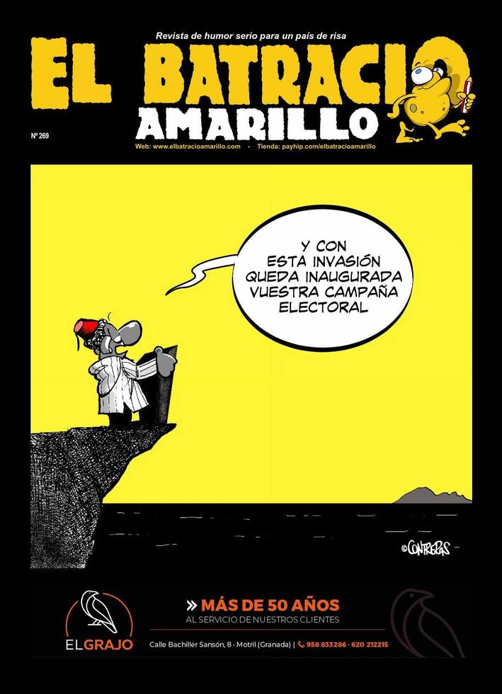 Cartel amarillo y negro de «El Batracio Amarillo», con un caricaturista y un globo de diálogo electoral.