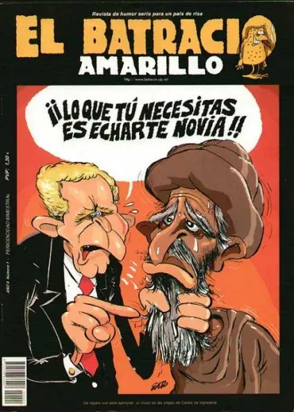 Portada de revista de dibujos animados con dos hombres preocupados y bocadillo de diálogo en español sobre fondo naranja.