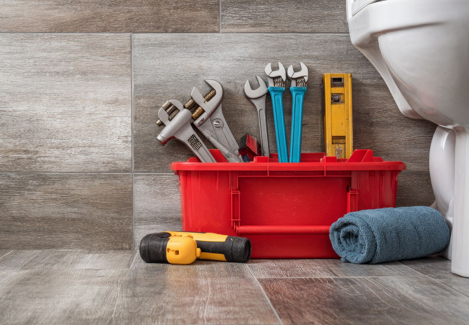 Une boîte à outils rouge contenant des outils de plomberie, une serviette et une lampe de poche se trouve à côté des toilettes.
