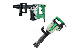 Dos martillos demoledores Hitachi verdes y negros. Uno es de mano y el otro vertical.