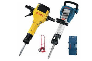 Dos martillos demoledores Bosch: amarillo y azul, con carro de herramientas y estuche incluidos.