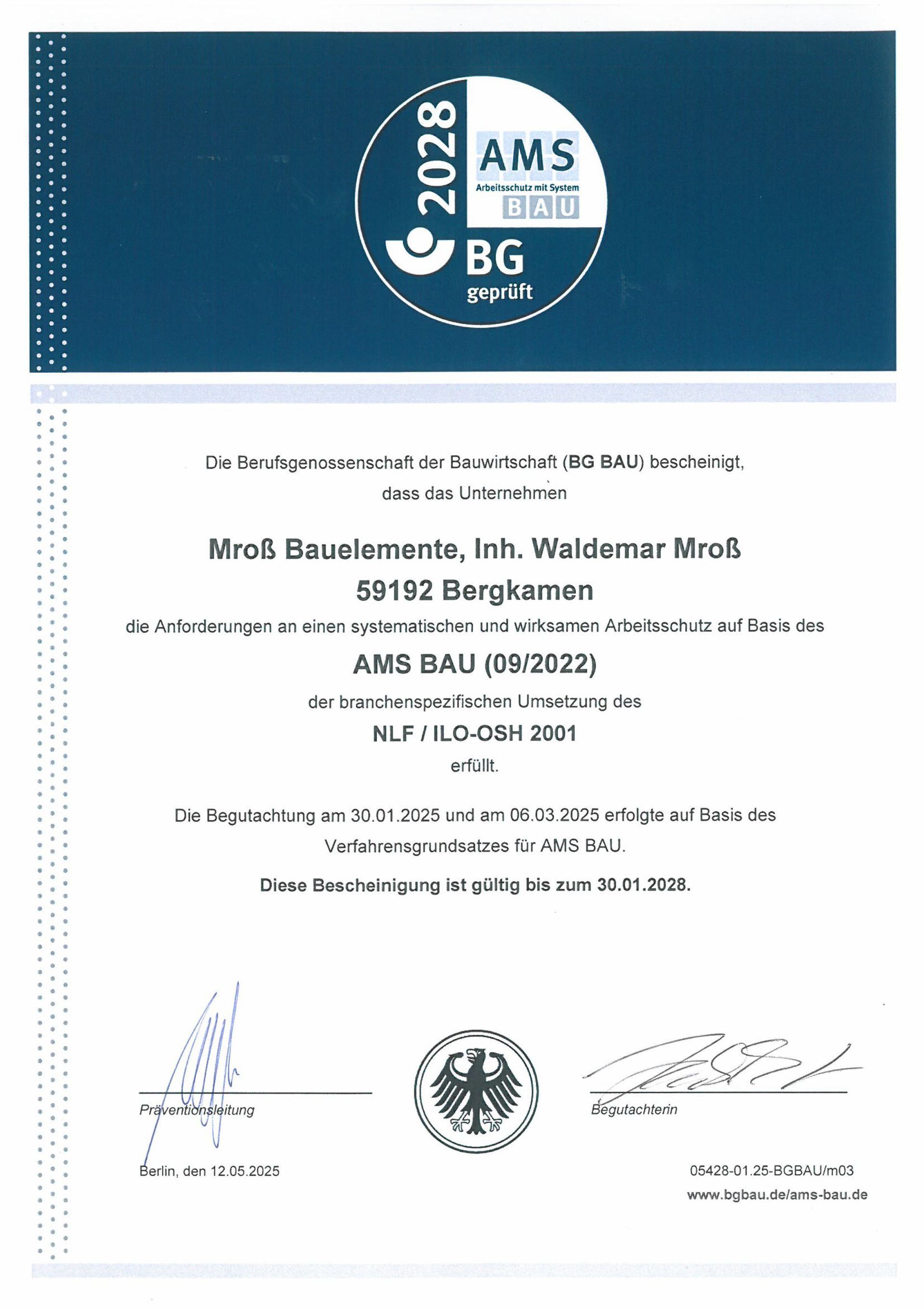Arbeitsschutzbescheinigung | Mroß Bauelemente