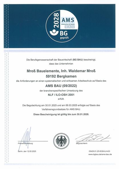Arbeitsschutzbescheinigung | Mroß Bauelemente