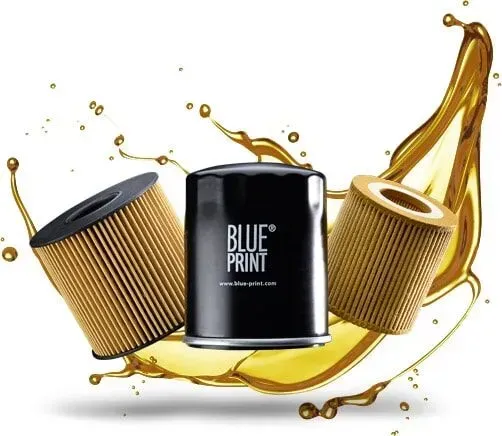 Um filtro de óleo de impressão azul é cercado por um respingo de óleo