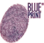 Uma impressão digital roxa com as palavras `` blue print '' escritas nela.