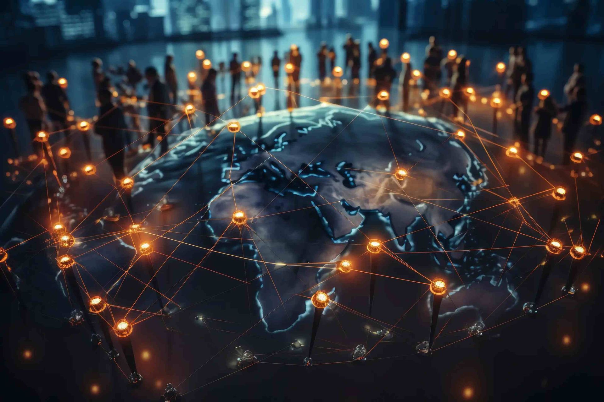 Un grupo de personas están de pie alrededor de un mapa del mundo.