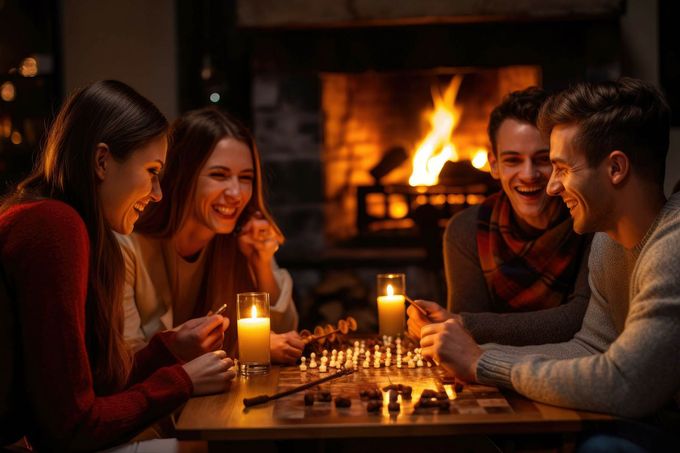 Eine Gruppe von Freunden sitzt in einem gemütlichen Wohnzimmer vor dem lodernden Kamin
