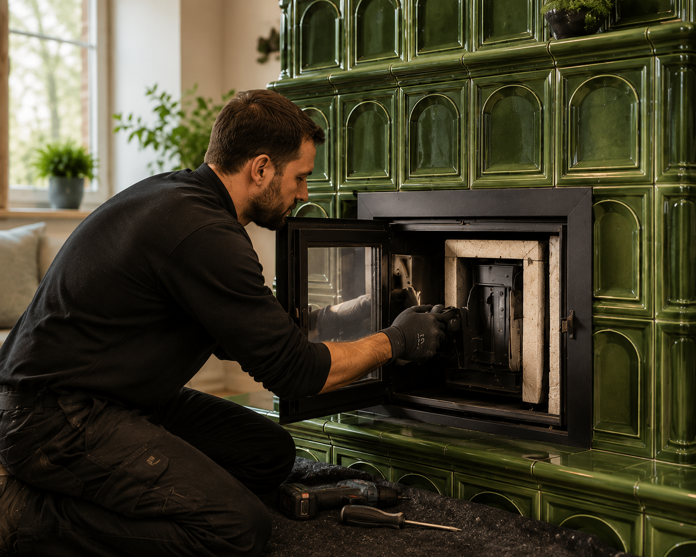 Ein Mitarbeiter von Feuerhaus Kiewel modernisiert einen grünen Kachelofen