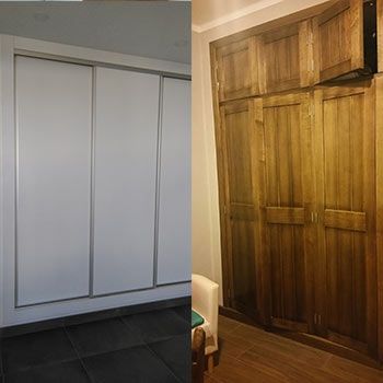 Una foto de antes y después de un armario con puertas corredizas y una puerta de madera.