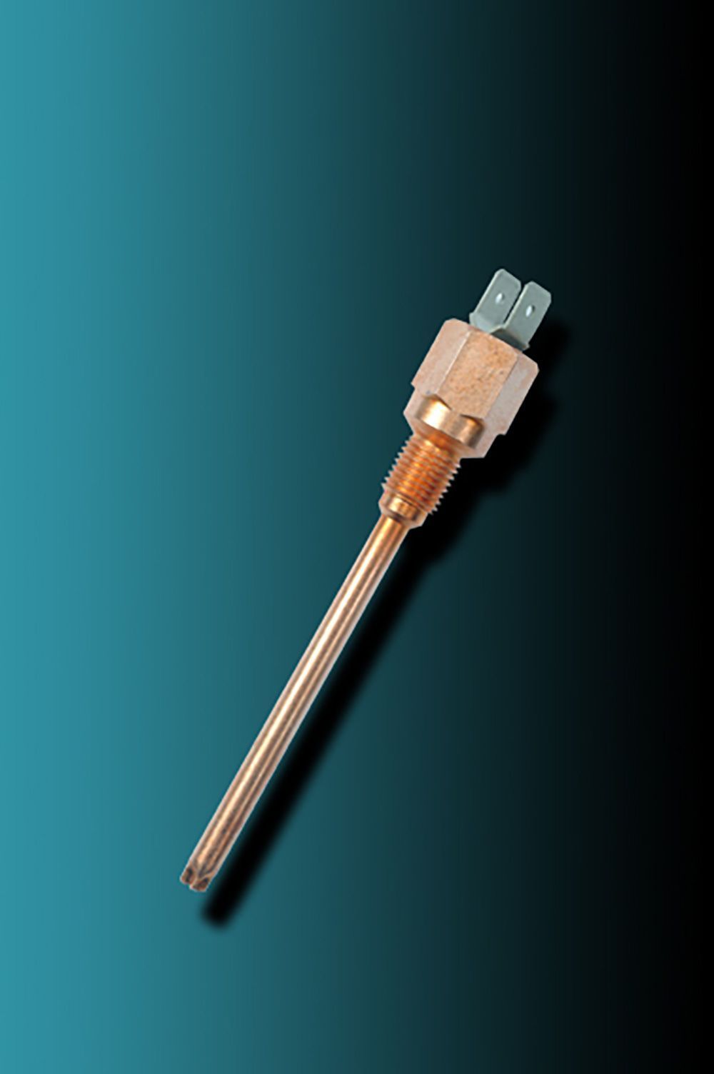 Eine Nahaufnahme eines Einschraubfühlers auf blauem Hintergrund