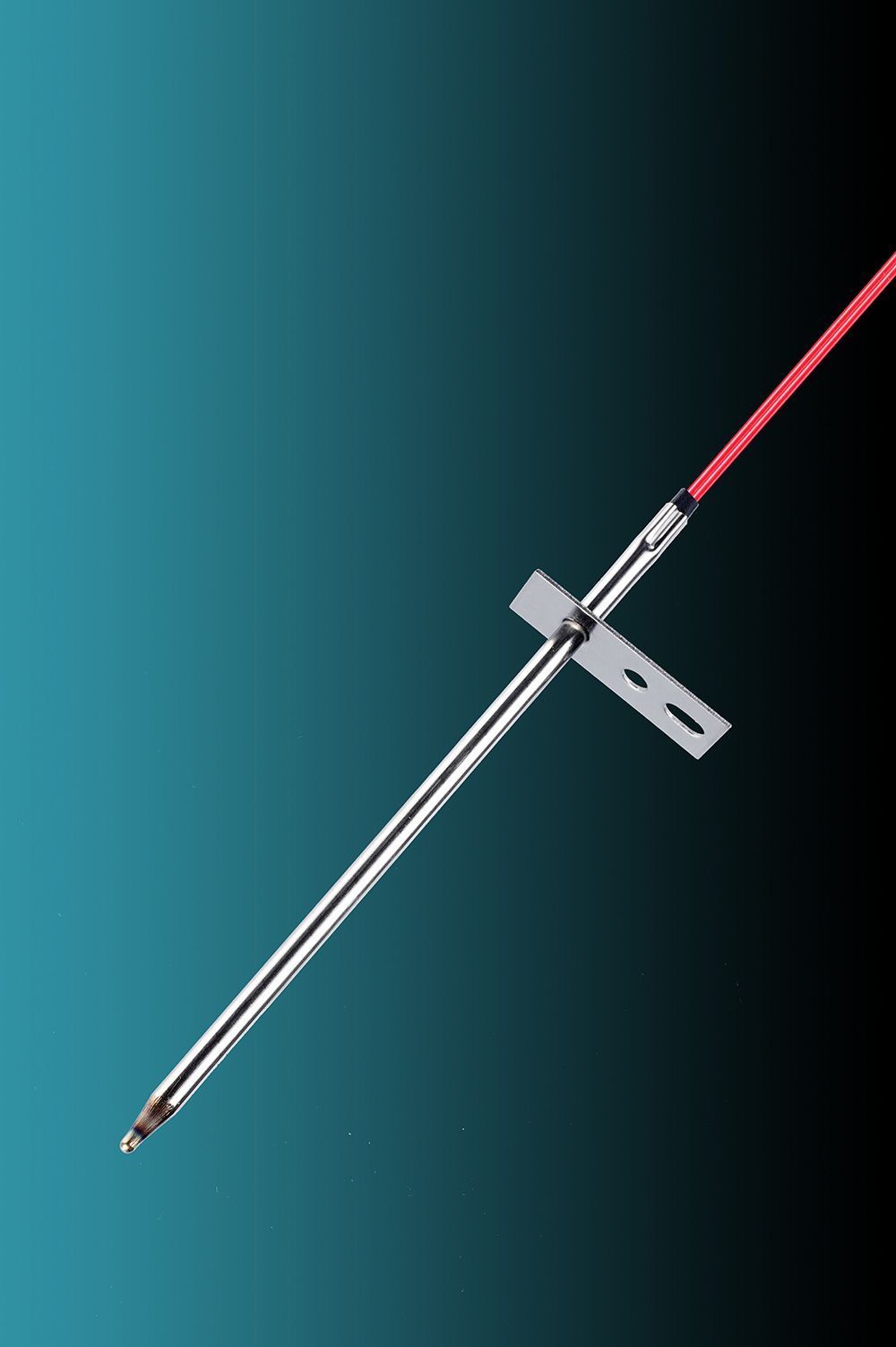 A metal rod with a red wire attached to it on a blue background.