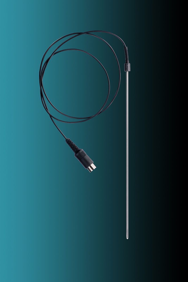 A thermometer with a cable attached to it on a blue background.