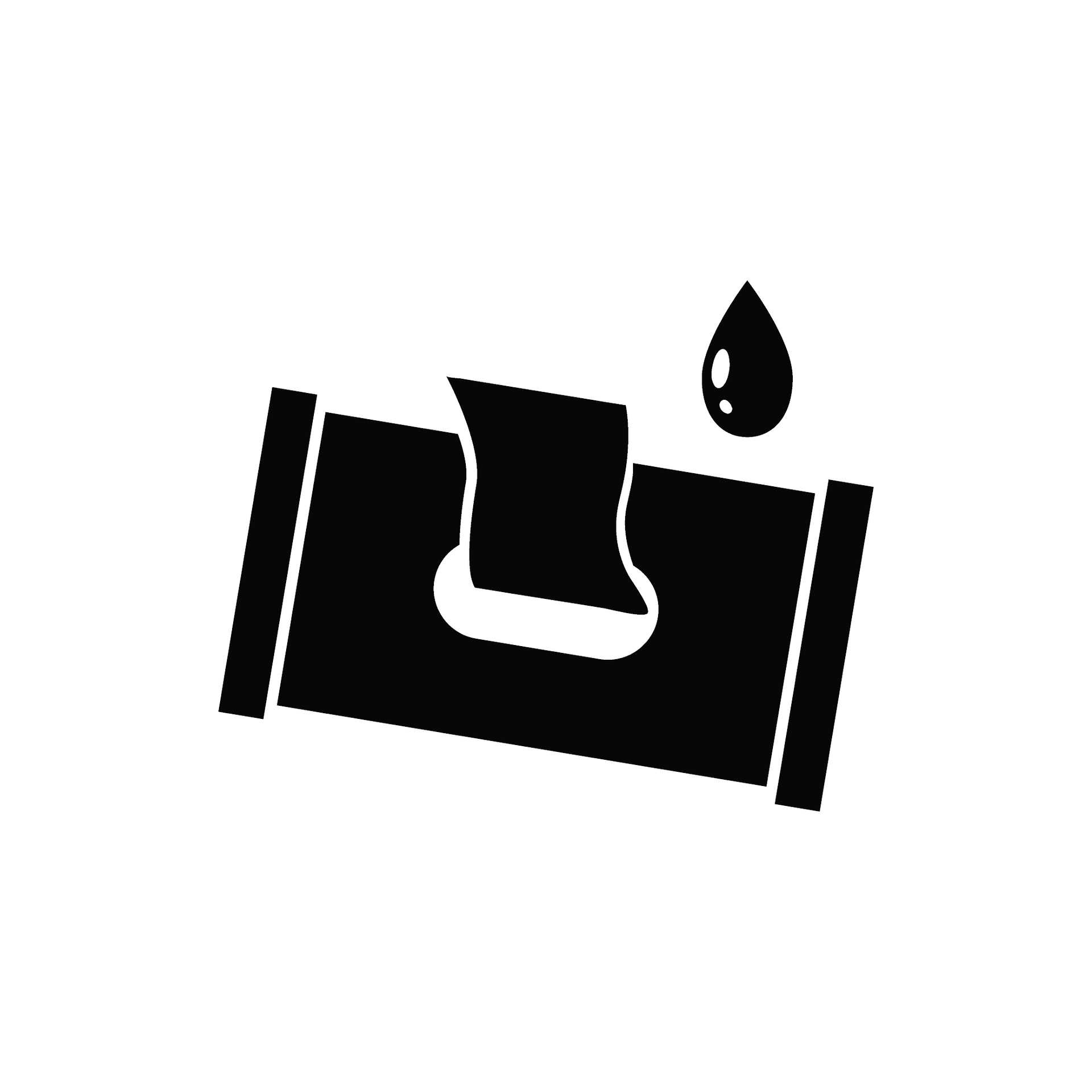 Ícono en blanco y negro de un recipiente para toallitas húmedas para bebé con una toallita asomando y una gota de agua.