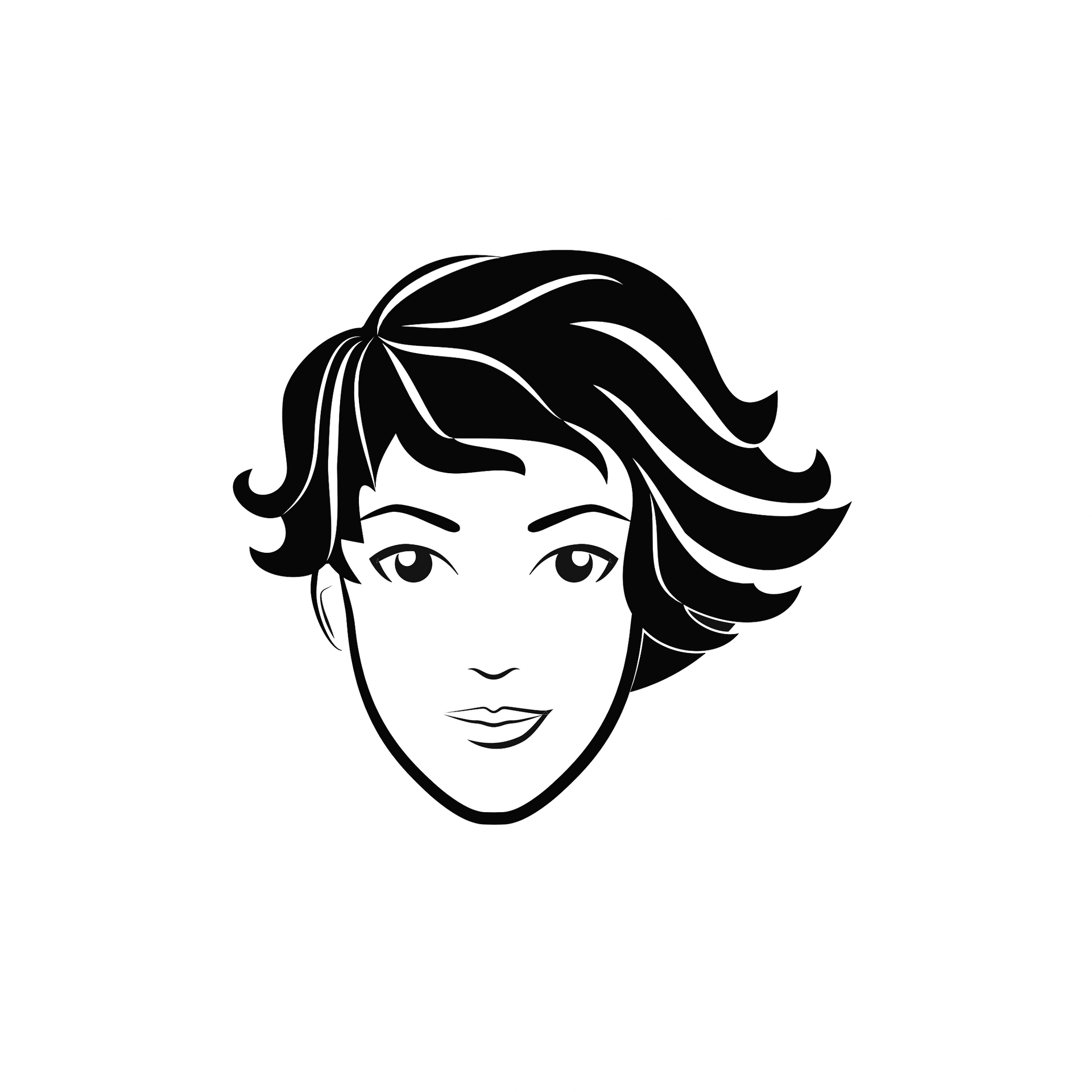Una ilustración estilizada en blanco y negro del rostro de una mujer con cabello corto y ondulado.