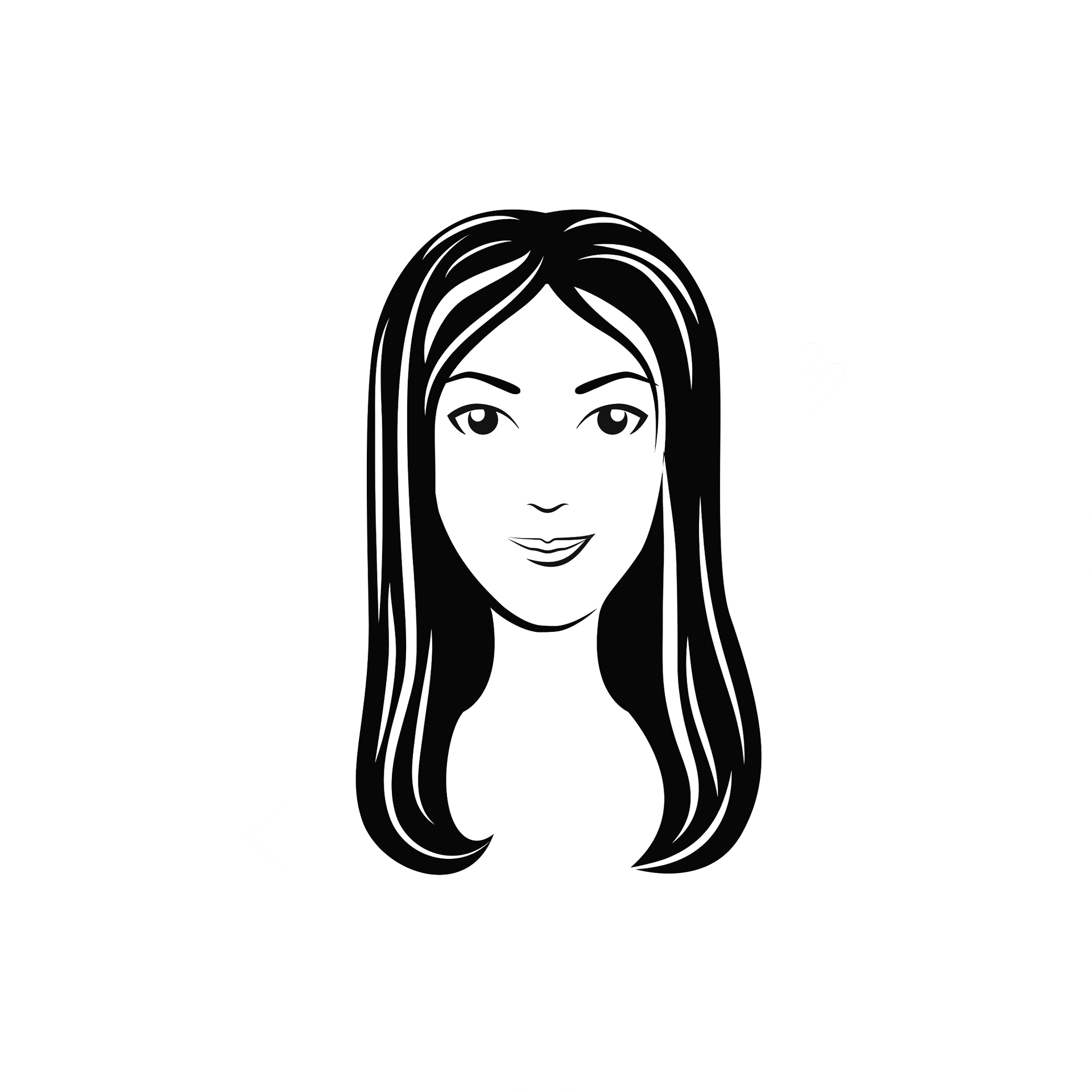 Ilustración en blanco y negro del rostro de una mujer con cabello largo y liso y una leve sonrisa.