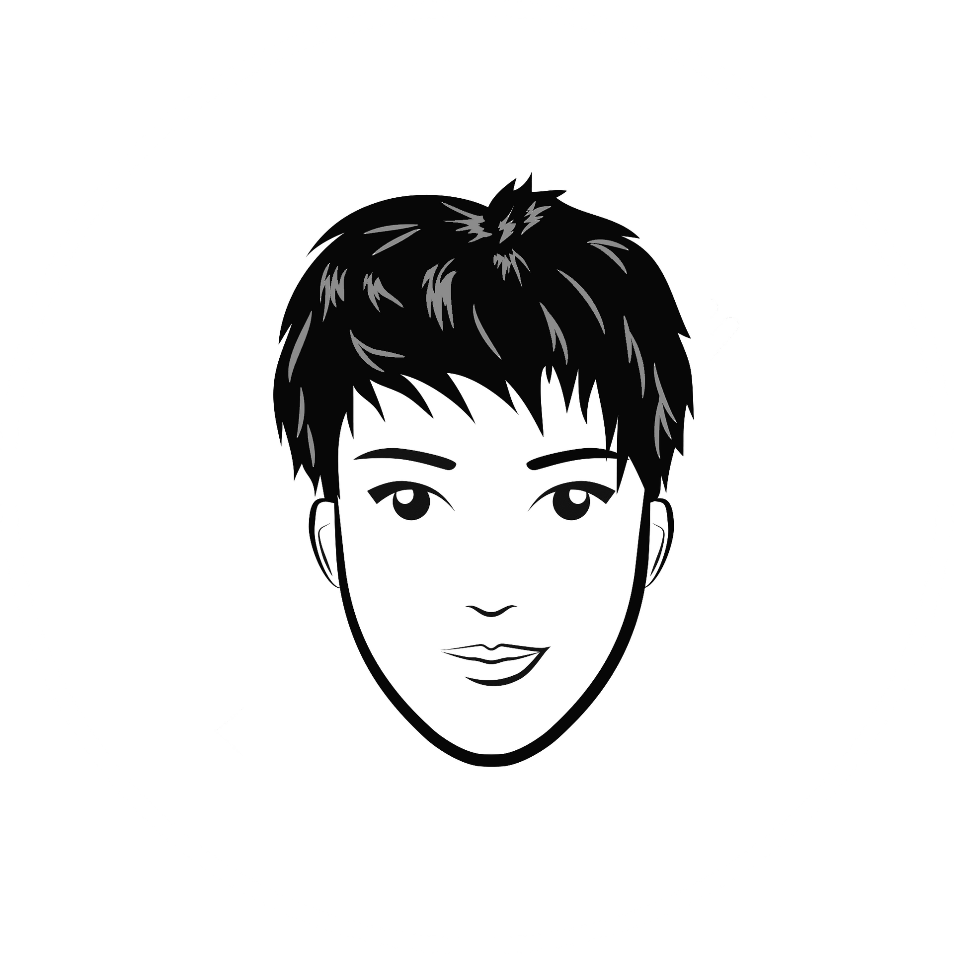 Ilustración en blanco y negro de una persona con cabello oscuro y una leve sonrisa.