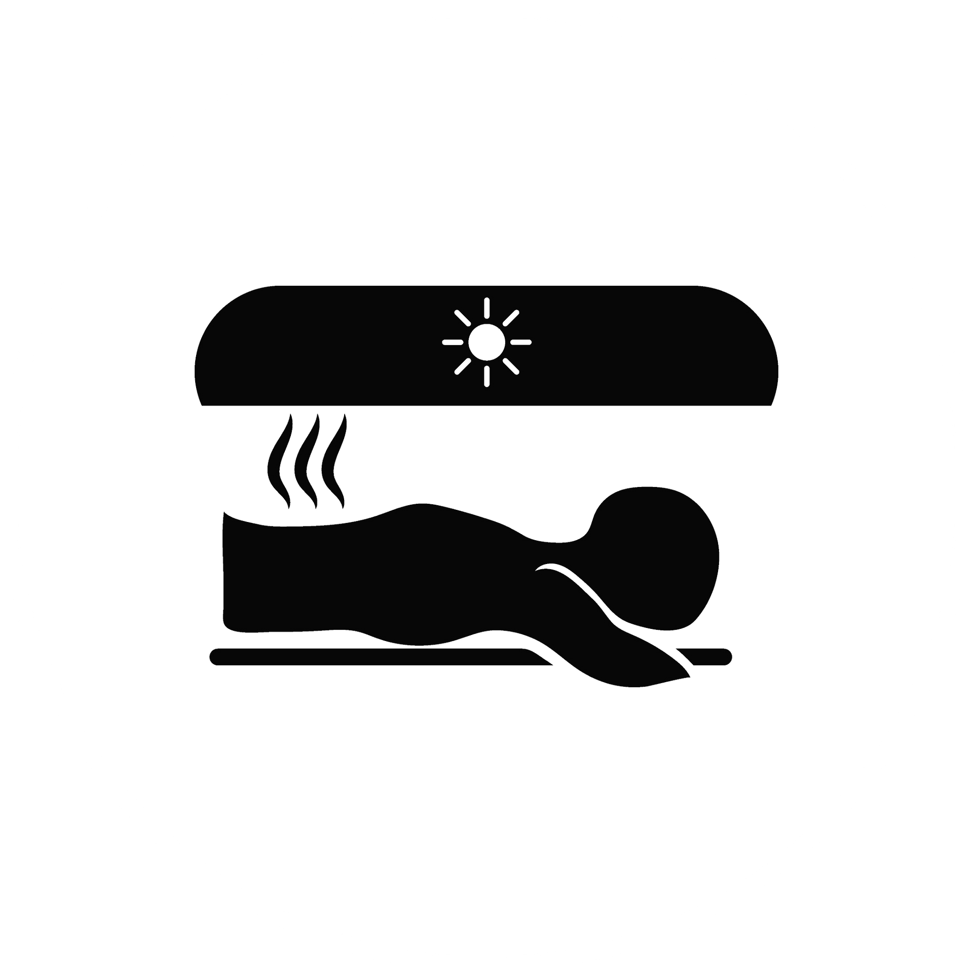Silueta de una persona acostada debajo de una cama de bronceado, con un símbolo del sol y vapor saliendo del cuerpo.