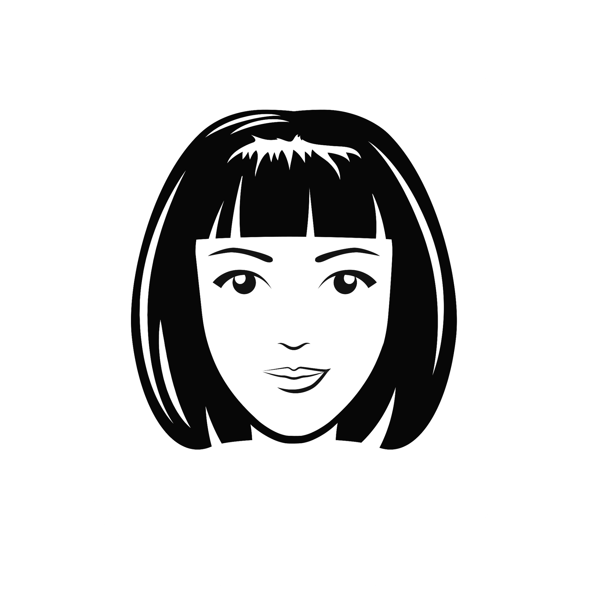 Rostro de mujer, con cabello negro corto y flequillo. Sonriente, con ojos y labios definidos.