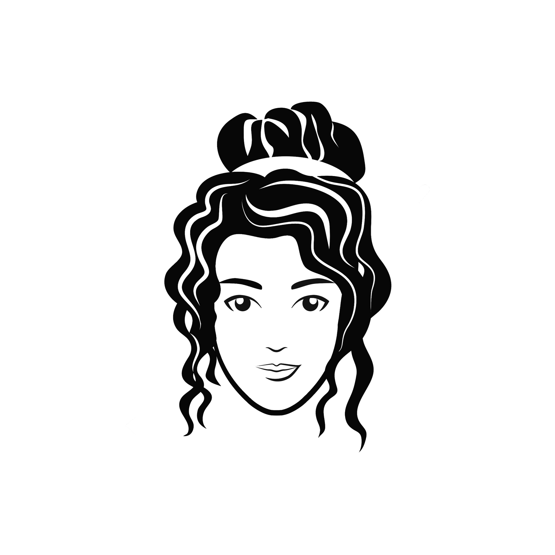 Mujer con cabello oscuro y rizado recogido en un moño, con zarcillos que enmarcan su rostro, mirando hacia adelante con una leve sonrisa.