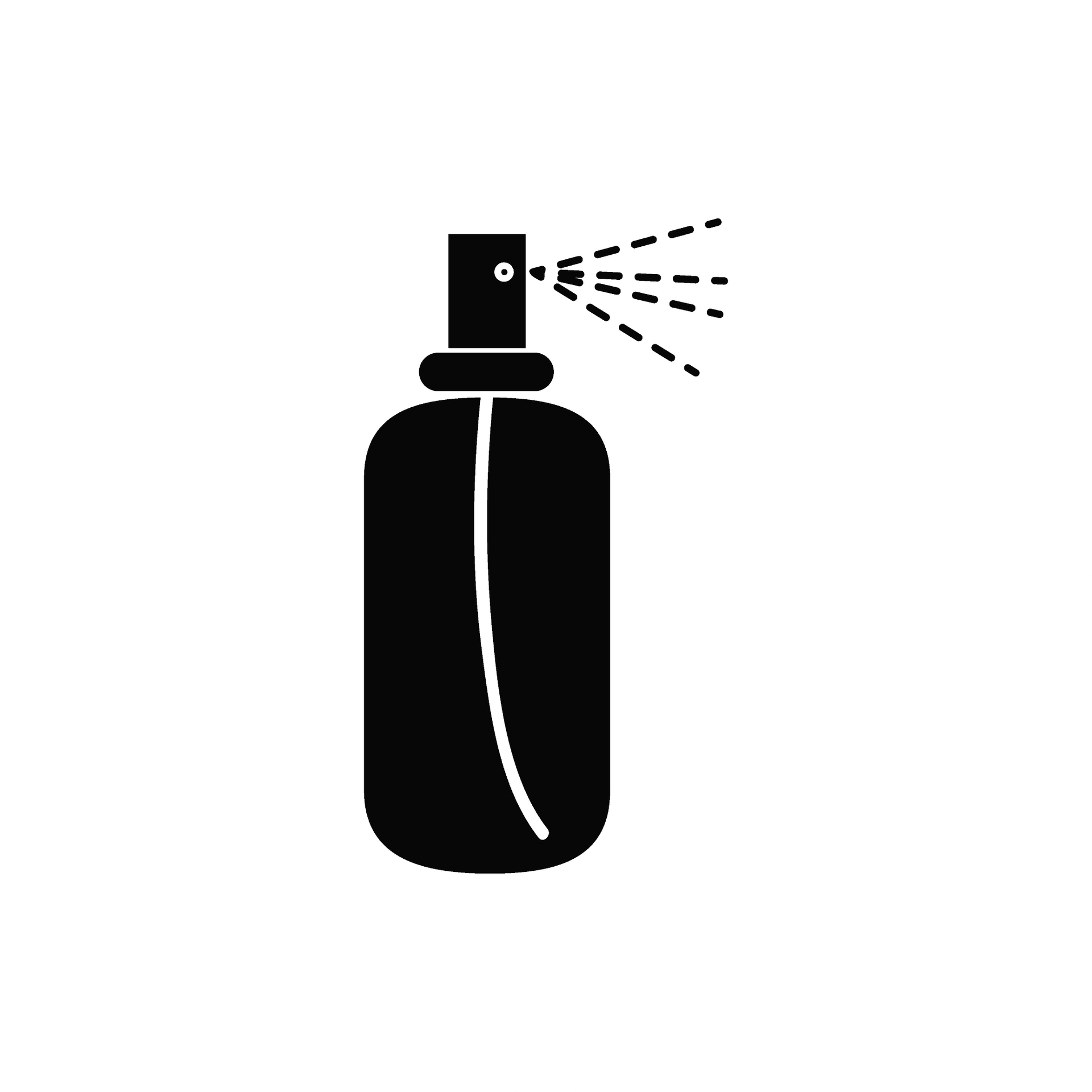 Ilustración en blanco y negro de una botella de spray que dispensa una niebla.