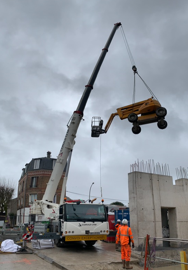Une grue soulève une nacelle élévatrice jaune au-dessus d'un ouvrier sur un chantier de construction urbain.