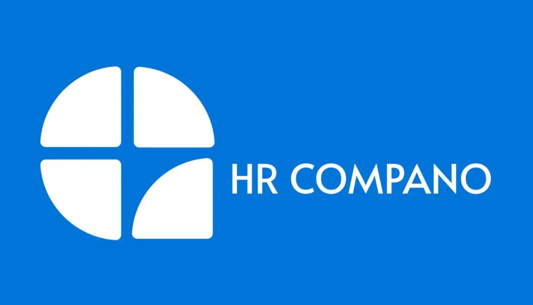 HR Compano logo on a blue background with a white circular cross icon and text