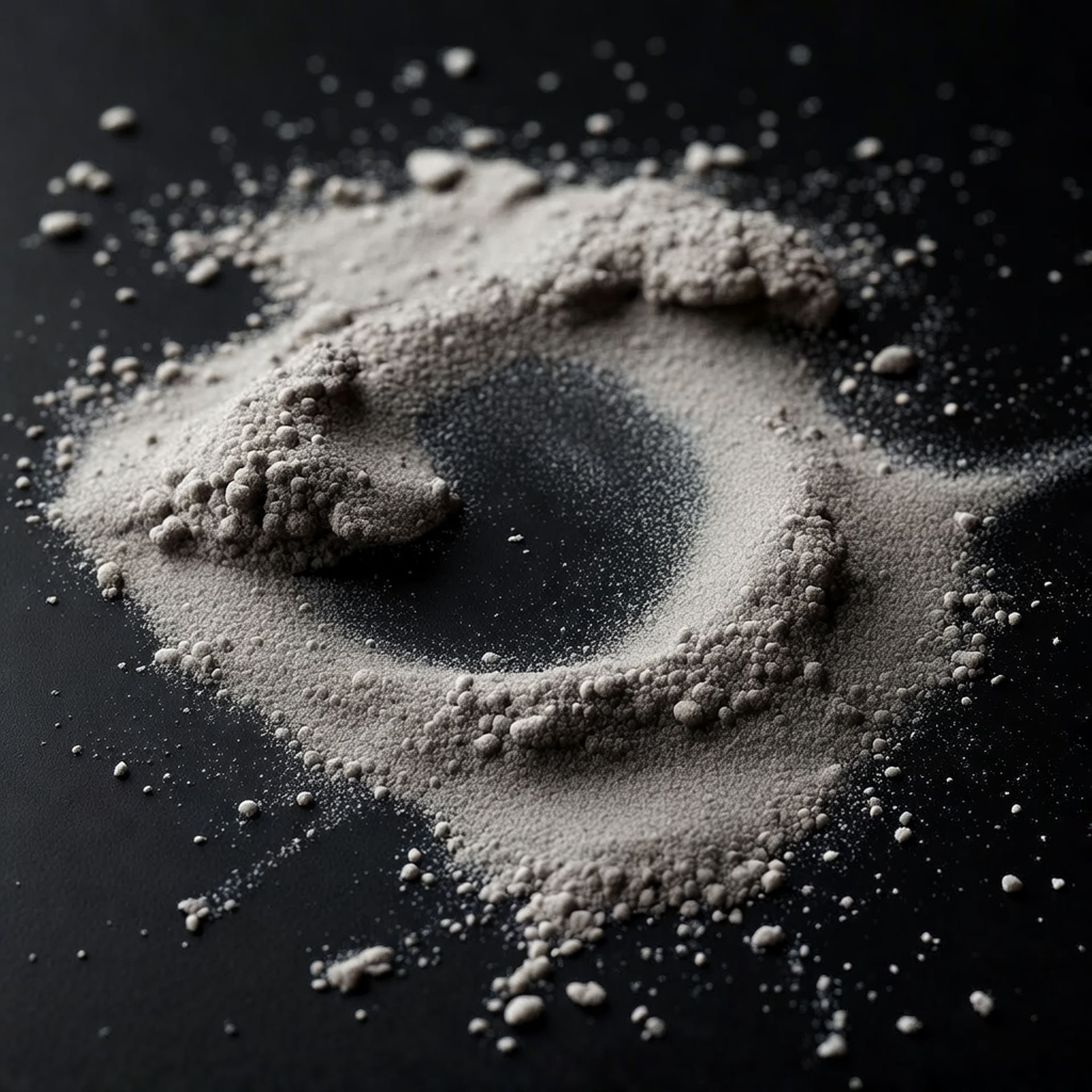 Graues Pulver in Spiralform auf schwarzem Untergrund.