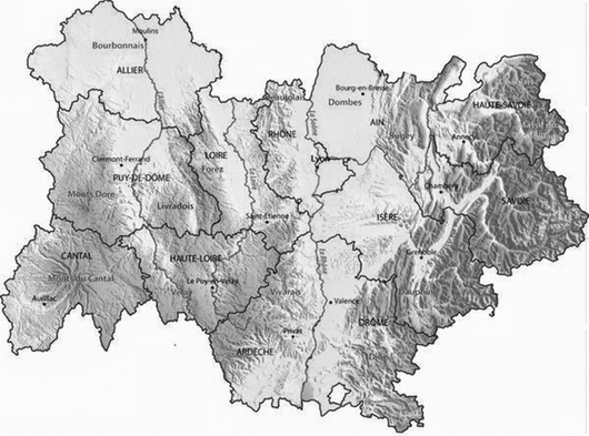 Photo d'une carte de la région Rhônes-Alpes