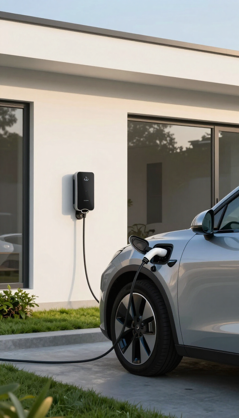 Punto de recarga para coche eléctrico junto a una casa moderna, con cargador de pared y entrada para vehículos.