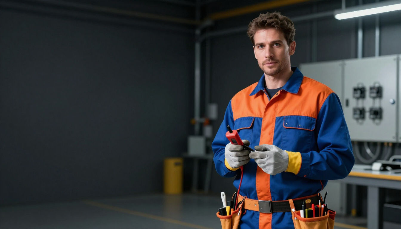 Mecánico con ropa de trabajo naranja y azul sosteniendo una herramienta en un taller con equipo al fondo.
