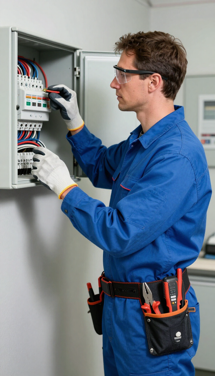 Electricista con uniforme azul inspeccionando el cableado dentro de un panel eléctrico abierto.