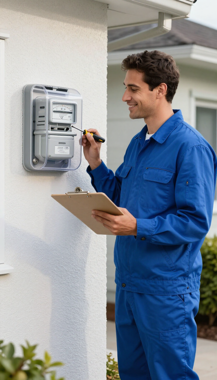 Electricista con mono azul inspeccionando un contador de servicios públicos exterior y escribiendo en un portapapeles.