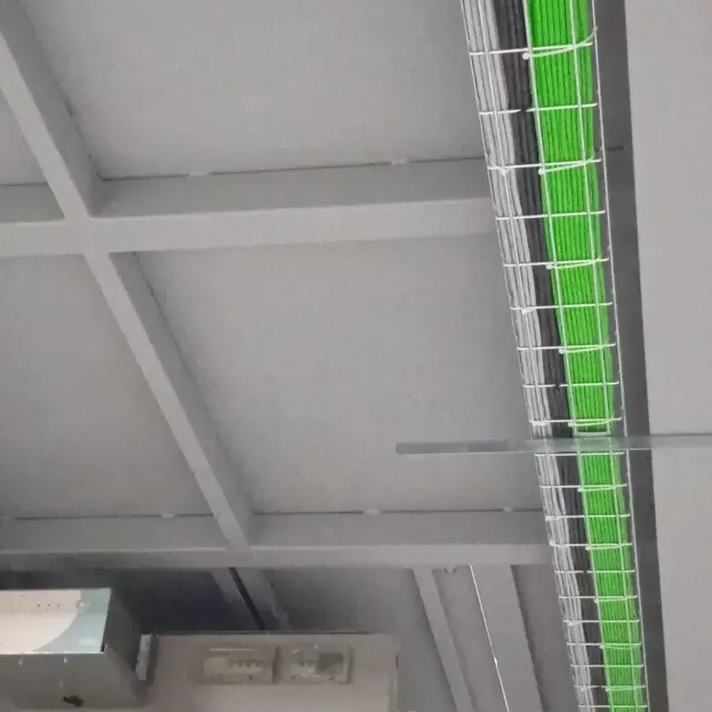 Techo con vigas grises y una bandeja portacables verde a lo largo del lado derecho.