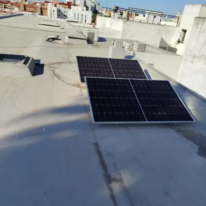 Dos paneles solares instalados en una azotea plana bajo la luz del sol.