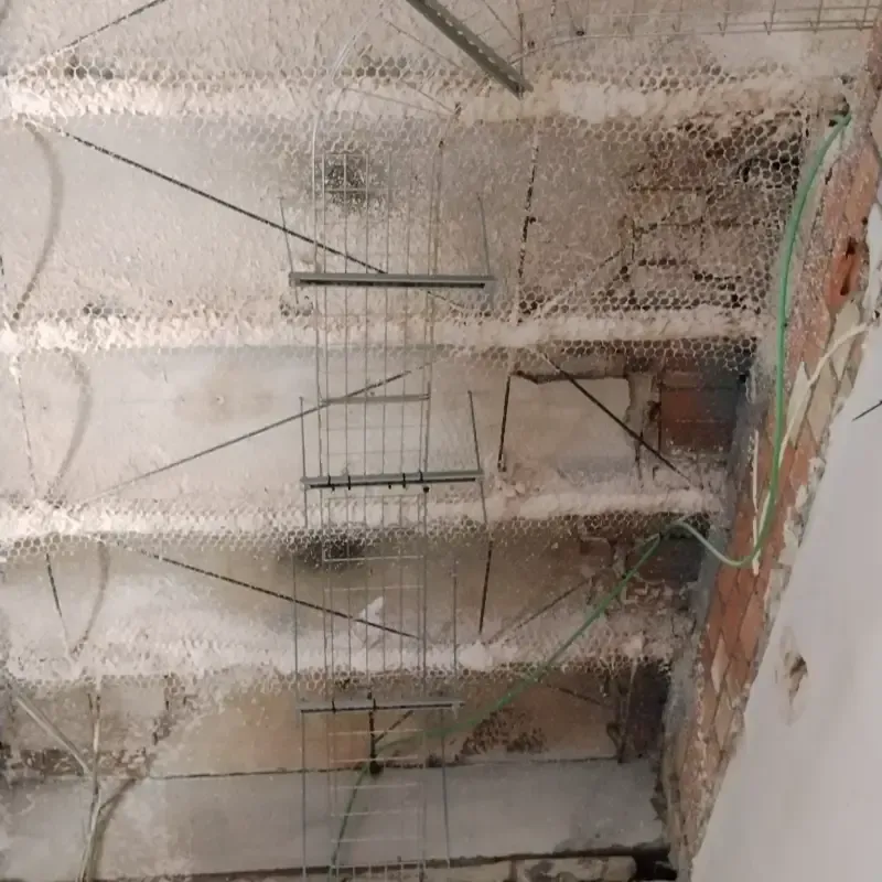 Techo en construcción con vigas de hormigón visto, barras de refuerzo y soportes; pared de ladrillo a la derecha.