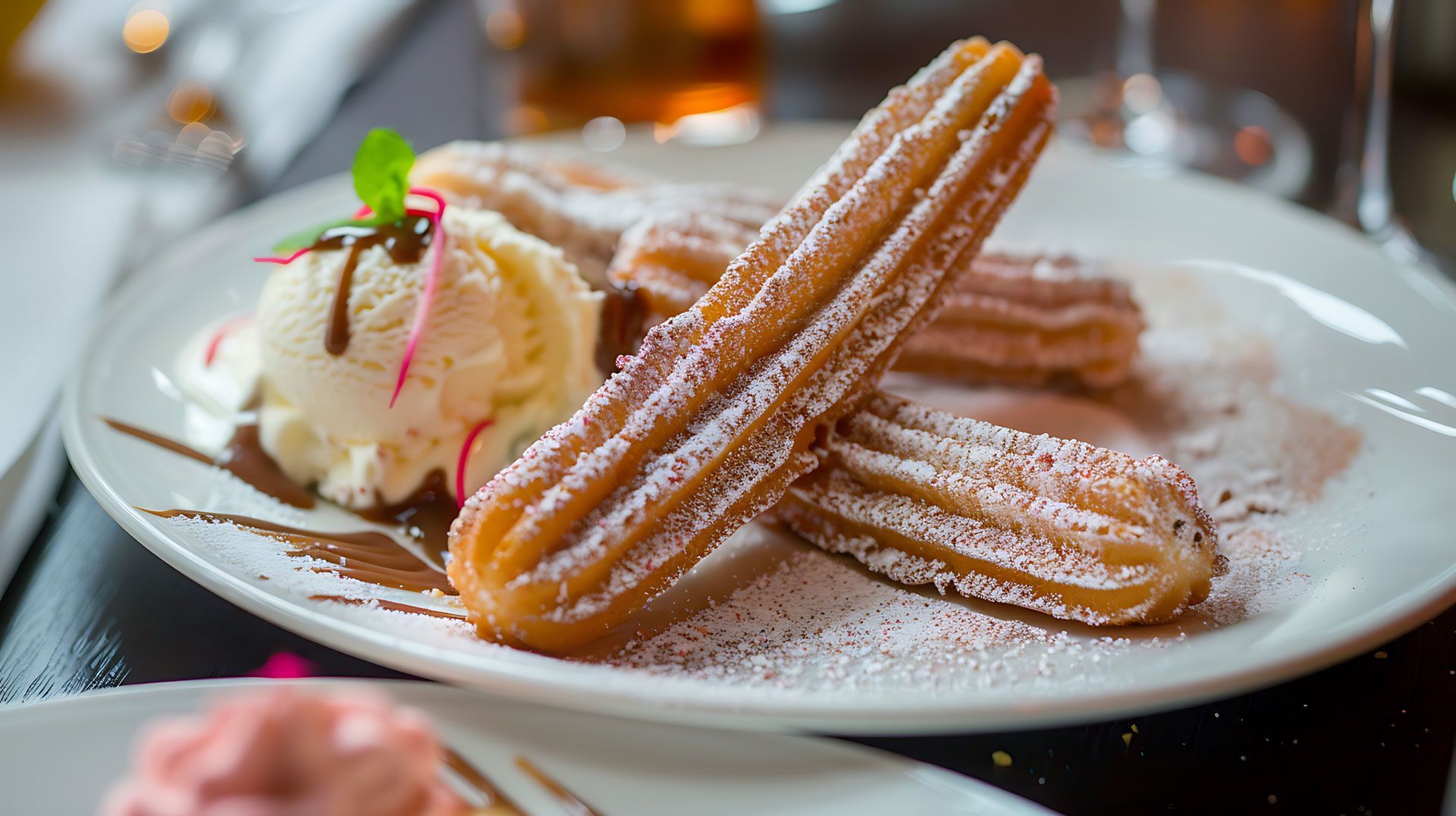 Churros dans une assiette et boule de glace
