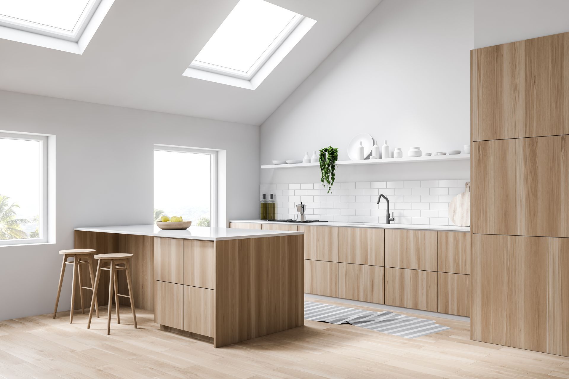 Cuisine avec des meubles en bois et des murs blancs
