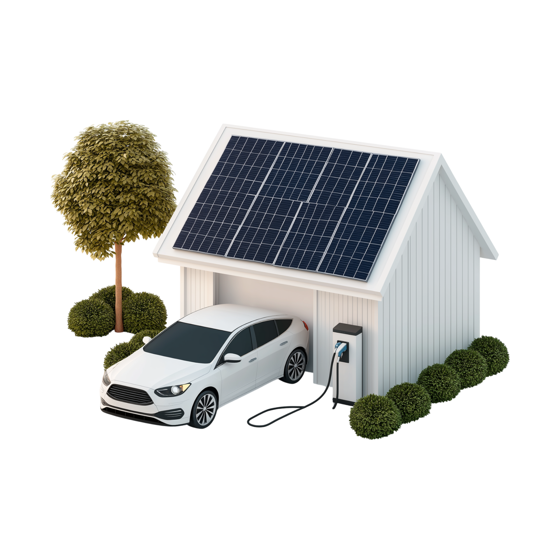 Maison équipée de panneaux solaires et voiture branchée à une IRVE