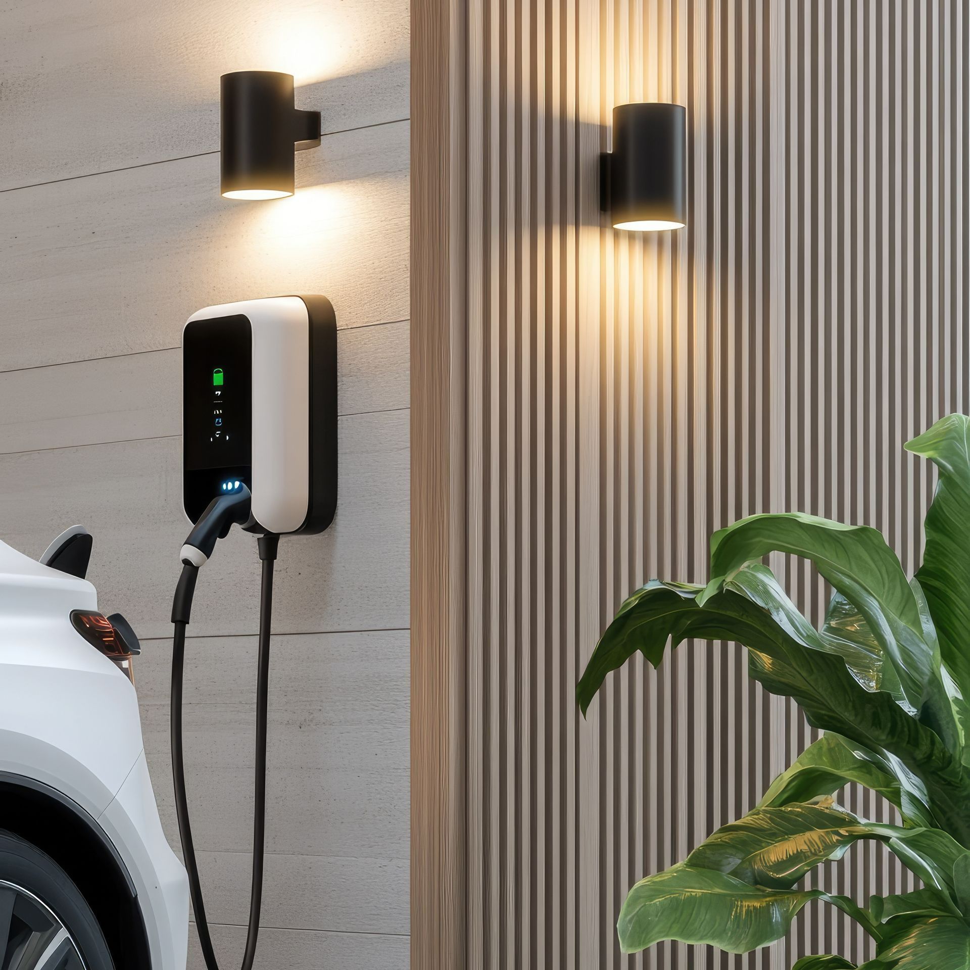 Voiture branchée à une borne de recharge montée sur le mur d'une maison