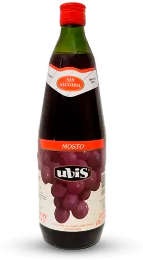 Una botella de jugo de uva roja Ubis sobre un fondo blanco.