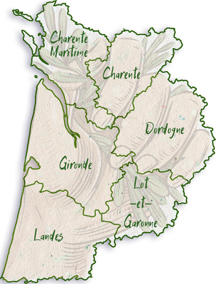 Carte du sud-ouest de la France, montrant les départements avec leurs étiquettes textuelles.