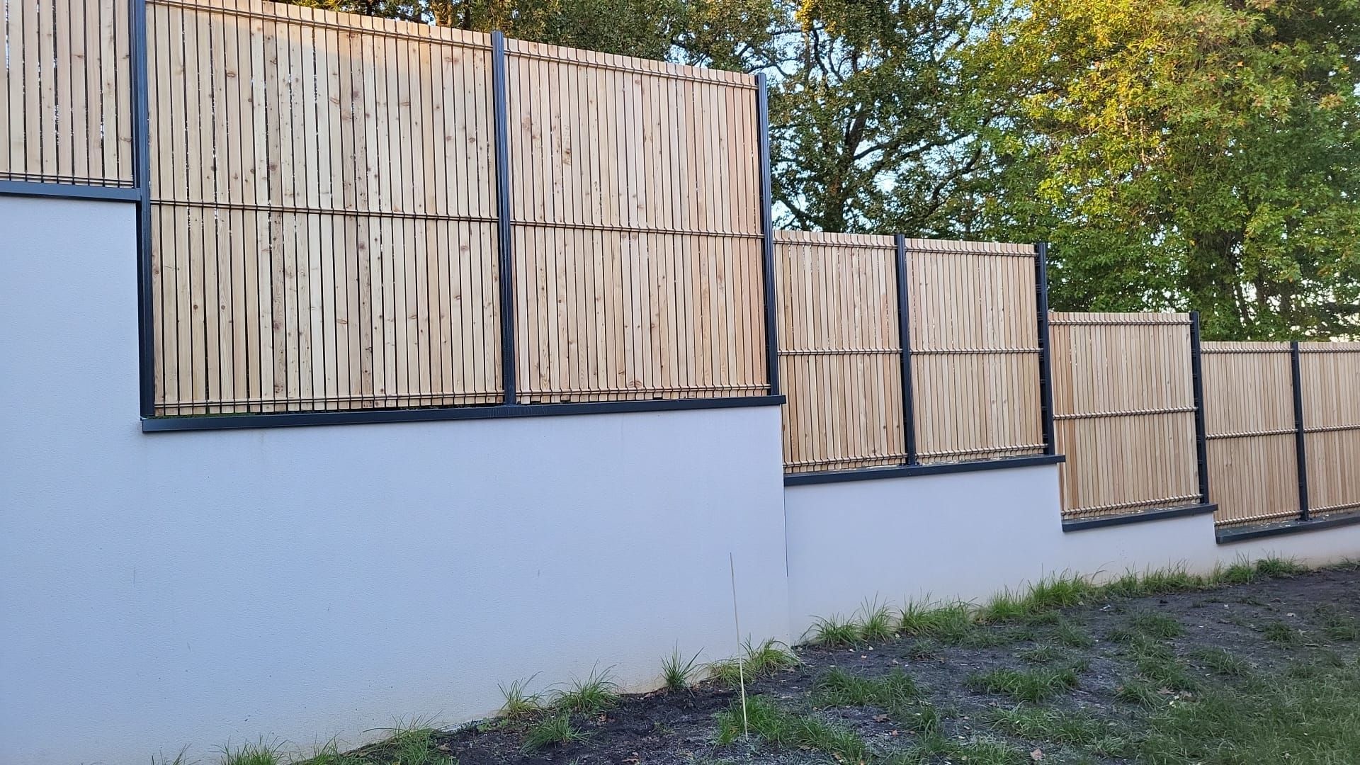 Un mur en béton surmonté de panneaux de bambou, formant une clôture contre la végétation.
