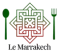 Logo Le Marrakech avec motif géométrique vert, accent rouge et icônes de fourchette et de cuillère sur fond blanc