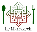 Logo Le Marrakech avec motif géométrique vert, accent rouge et icônes de fourchette et de cuillère sur fond blanc