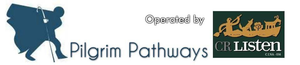 Logotipo de Pilgrim Pathways con silueta de peregrino azul y texto “Operado por CR Listen” sobre una pancarta color canela.