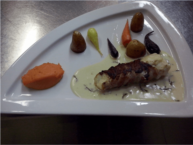 Cabillaud au lard, crème de salicorne